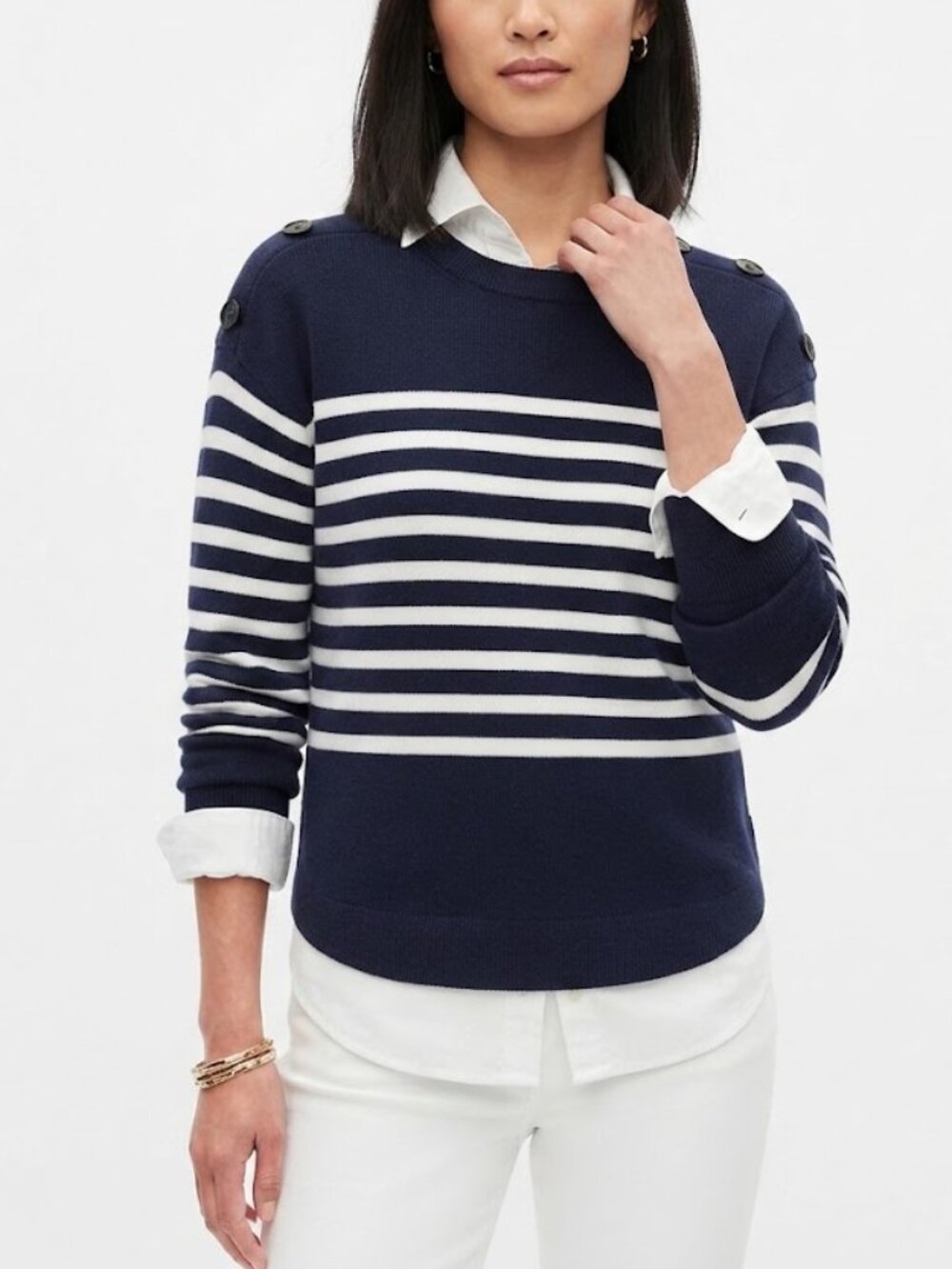 Gap Breton Nautical Striped Button Shoulder Sweater Navy White Size M